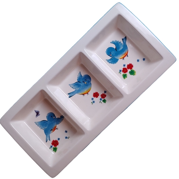 Snack Dip Tray Three Compartment Bluebirds Flowers Butterfly White Blue … - Picture 2 of 14